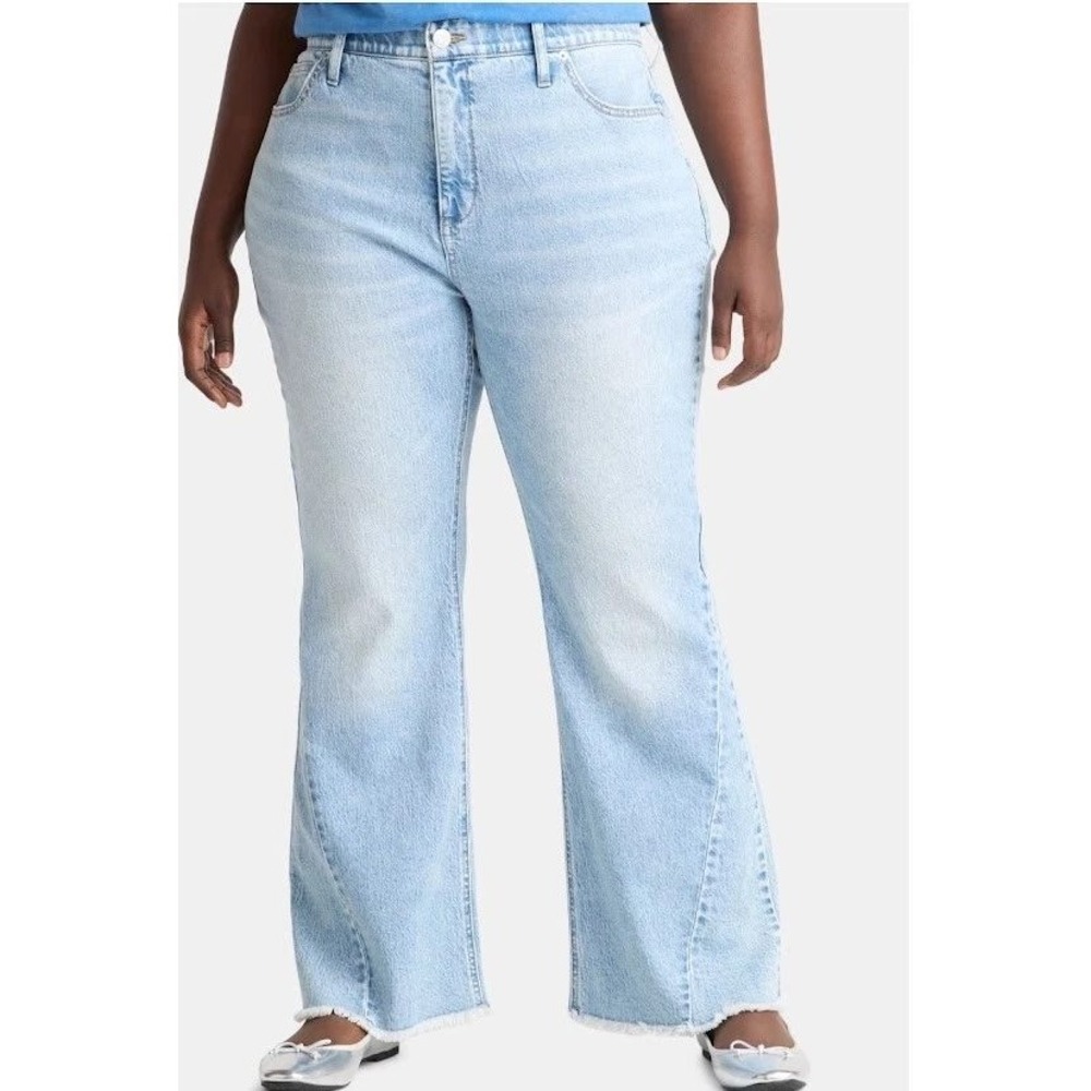 Light‎ Wash High Rise Flare Jeans with Raw Hem Light Blue Plus Size 22W